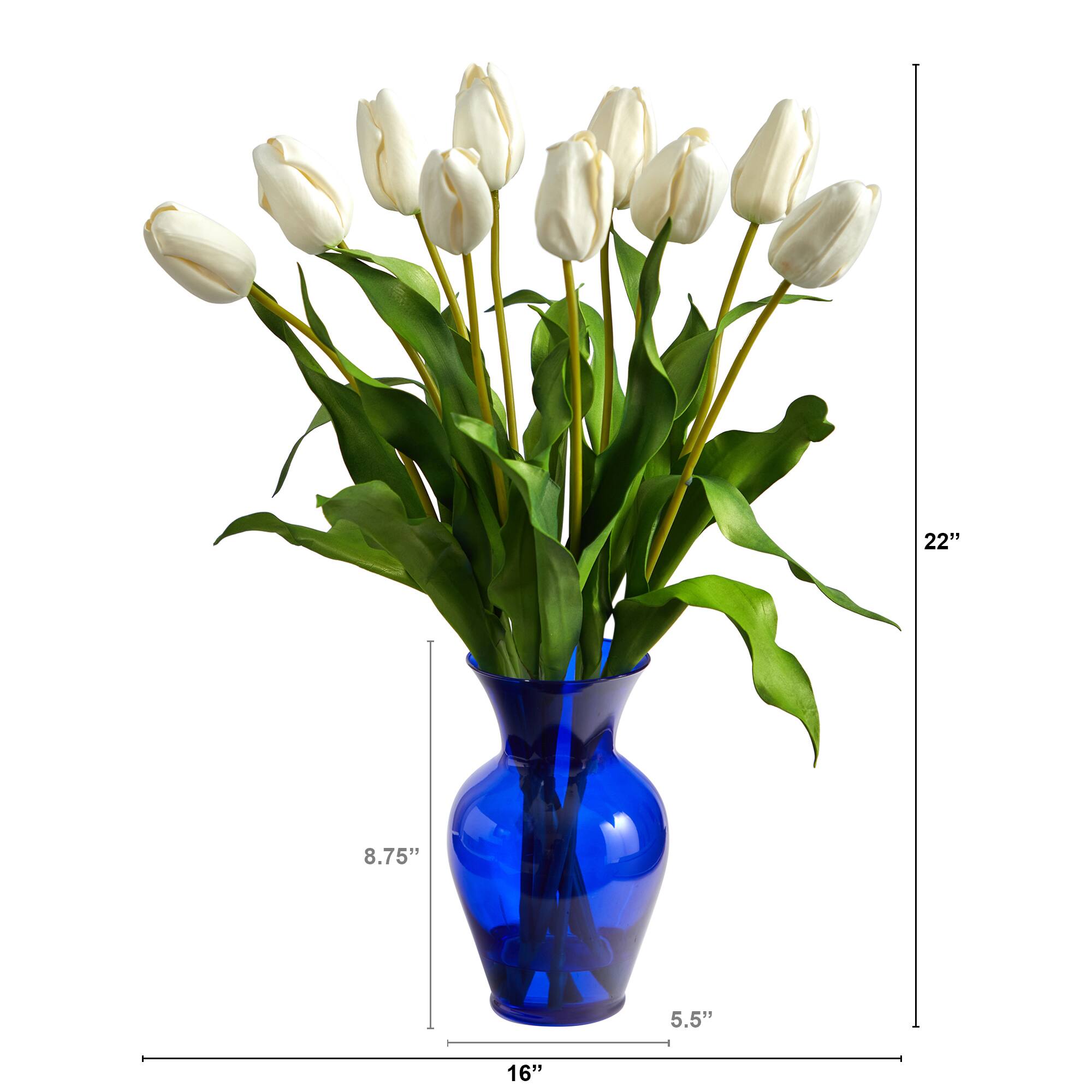 22" White Dutch Tulip Arrangement in Blue Vase